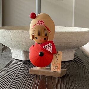 Vintage Japanese Kokeshi Doll with Red Parasol